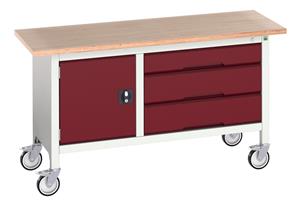 16923214.** verso mobile storage bench (mpx) with cupboard / 3 drawer cab. WxDxH: 1500x600x830mm. RAL 7035/5010 or selected